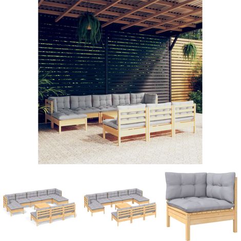 Maison Exclusive - 11-tlg. Garten-Lounge-Set mit Grauen Kissen Kiefernholz (1/5)