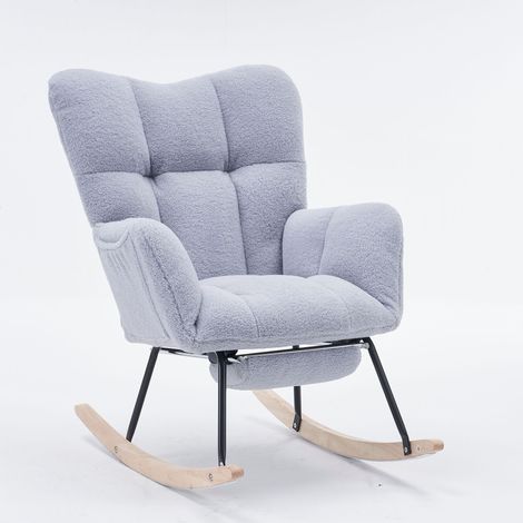Fauteuil à Bascule - 1 Place - Teddy - Repose-Pieds Inclus & Accoudoirs & Cadre Métal & Cadre Bois - 80 x 98 x 98.5 cm - Gris (1/5)