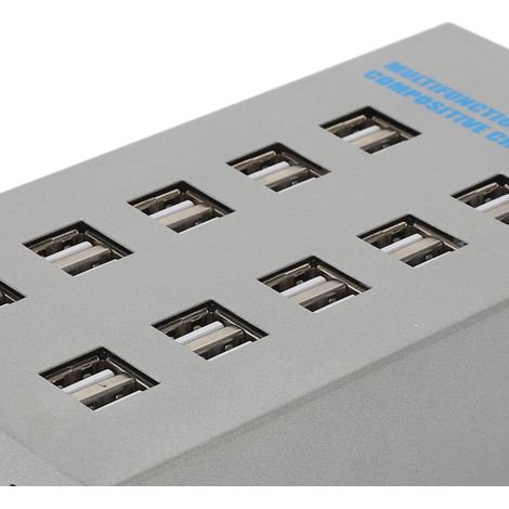 Multifunktionaler USB-Hub aus Edelstahl mit 20 Ports und Netzteil für intelligentes Laden und Teilen. (1/5)