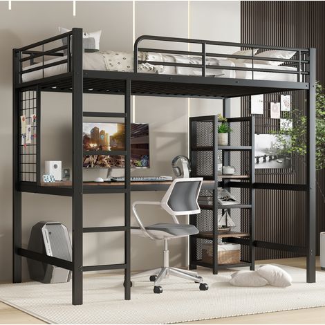 Letto a soppalco 204x95x180 cm con scrivania, ripiani a 5 livelli, scala, metallo e MDF nero e noce scuro (1/5)