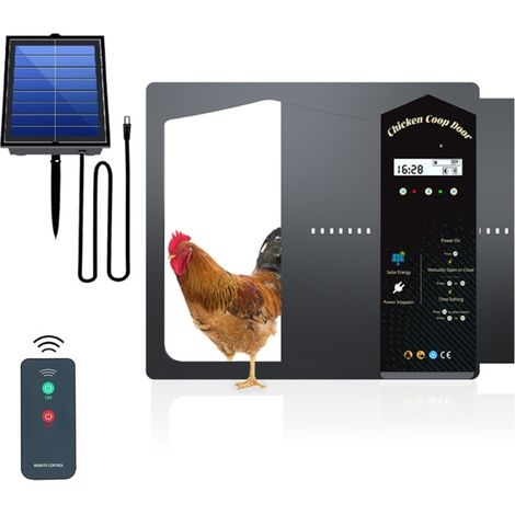 Porte automatique poulailler aluminium – 4 modes : télécommande, minuterie, capteur luminosité – Écran LCD – Solaire