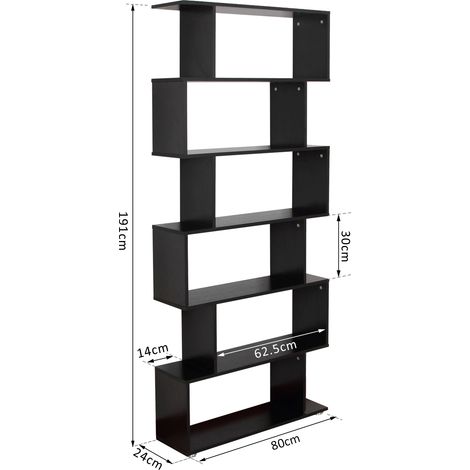 Bibliothèque design, étagère murale noire, 6 étagères séparées, structure en zigzag, style moderne et robuste, en bois, idéale pour le salon et le bureau, 80 x 24 x 191 cm, noire (1/5)