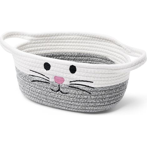 Panier Tissé - Corde Coton - Poignée Intégrée - Pour Rangement Jouets Chats Chiens Enfants - Déco Bohème - 34 x 14 cm - Gris (1/5)