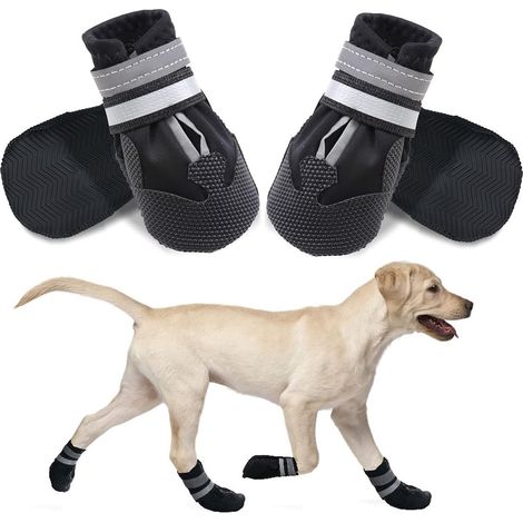 Bottes imperméables pour chien avec doublure polaire, semelle en caoutchouc antidérapante et sangles réfléchissantes, protection des pattes pour les promenades hivernales, noires, taille XL, lot de 4 (1/5)