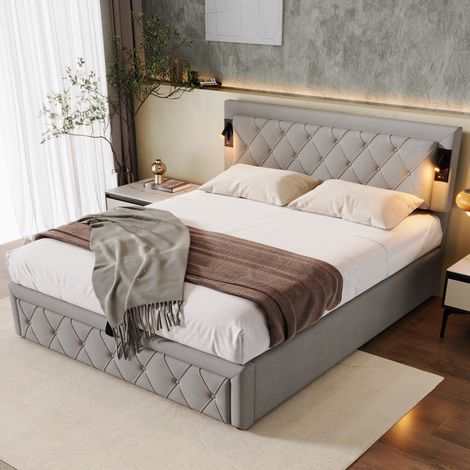 160x200 Letto imbottito con illuminazione supplementare e porta USB, letto contenitore, matrimoniale, lino, grigio (1/5)