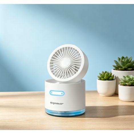 Ventilateur de table à nébulisation Aigostar 4 pouces 5 pales 2000mAh, 3 vitesses humidificateur blanc frais compact pour intérieur