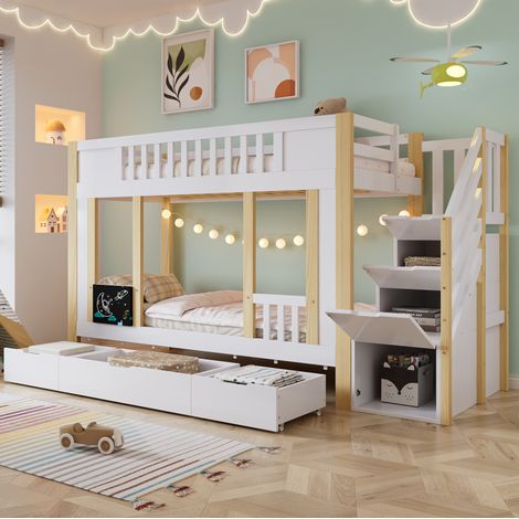 MEUBLIV Etagenbett 90x200 cm Weiß+Natur – mit Treppenschrank und Schubladen, ohne Matratze (1/5)