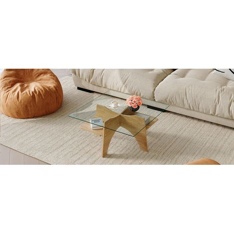 Table basse carrée - Design minimaliste - Verre trempé 80x40cm - Pieds MDF effet bois clair - Salon moderne (1/5)