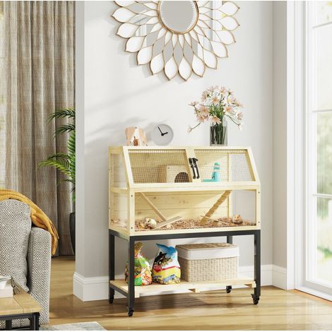 Cage en bois pour petits rongeurs 87 x 43 x 101 cm avec roulettes, étagères et accessoires (1/5)