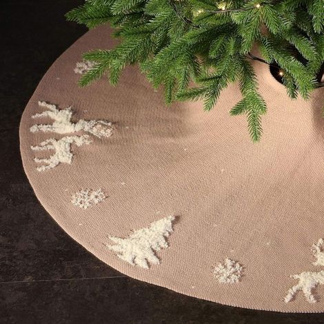 Jupe de sapin de Noël, jupe de sapin épaisse et rustique en maille nouée pour la décoration - Motif renne et sapin de Noël en 3D (92 cm, beige) (1/5)