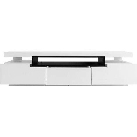TV-Lowboard mit 3 Schubladen und LED, Hochglanzfront, für Wohnzimmer, aus Spanplatte, Weiß, 160×39×42 cm (1/5)
