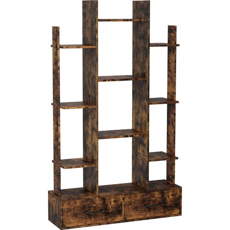 Librería industrial con 2 cajones y 12 estantes abiertos de madera marrón (1/5)