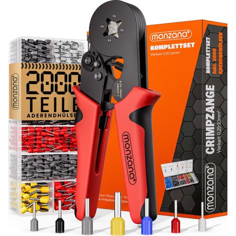 MONZANA® Electricians Crimping Pliers Set 0.25-10mm² 2000 Cable Wire End Ferrules Electrical Bootlace Terminal Connectors Ratchet Crimp Pressing Tool with Storage Bag Black Red (1/5)