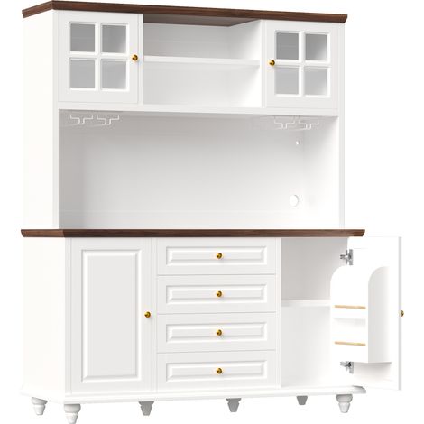 Küchenhochschrank mit 4 Schubladen, Verstellbaren Böden, Mehrfarbiger LED und Glashalter, MDF, 140x40x179.5 cm, Weiß (1/5)