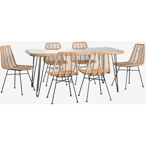 Set de Mesa Rectangular en Mimbre Sintético (180x90 cm) Leribert y 6 Sillas de Jardín en Ratán Sintético Gouda Natural SKLUM (1/5)