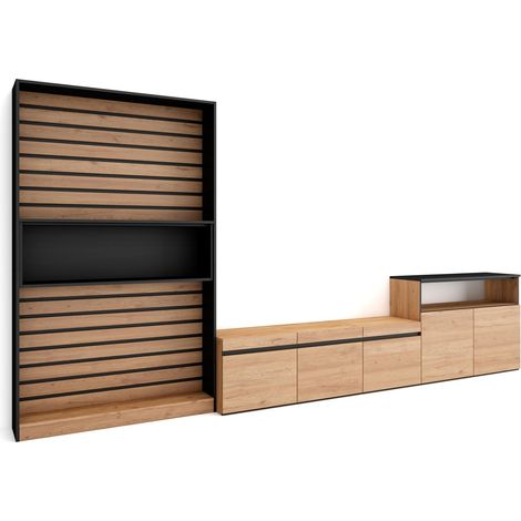 Skraut Home - Mobile Soggiorno TV, Parete Attrezzata Soggiorno, 360x186x35cm, Per TV fino a 65", Set di mobili, Stile moderno, Rovere e nero (1/5)
