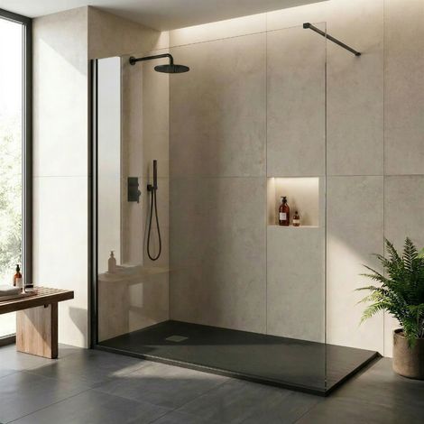 Pack douche à l’italienne Noir : receveur 160x90 cm + paroi fixe