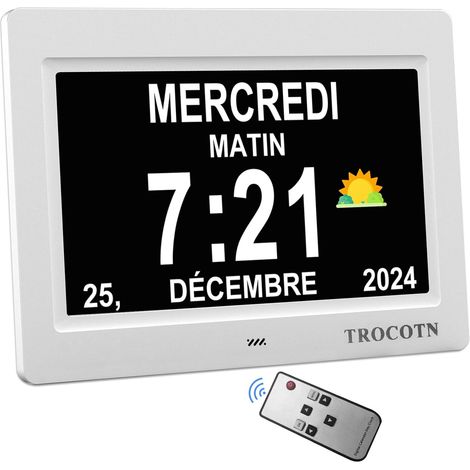 Horloge numérique Grand écran avec Calendrier pour Seniors, icônes Soleil et Lune, Heure d'été Automatique, Mode Nuit avec Gradation, Affichage Multicolore, Facile à Lire (7 Pouces, Blanc) (1/5)