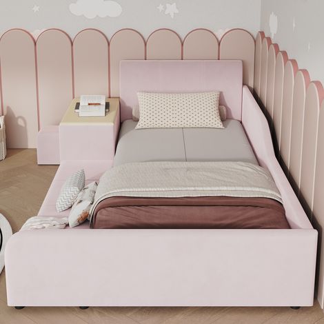 Lit enfant capitonné 90x200 avec bureau et tabouret - étagère - velours - rose (1/5)