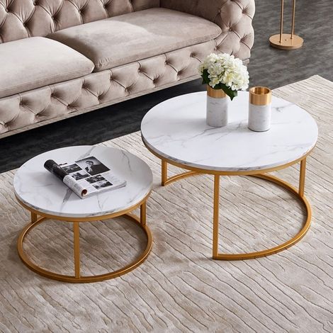 2er-Set Runder Couchtische, Metallrahmen, Marmoreffekt, 80x80x45 cm + 60x60x35 cm - Weiß + Gold