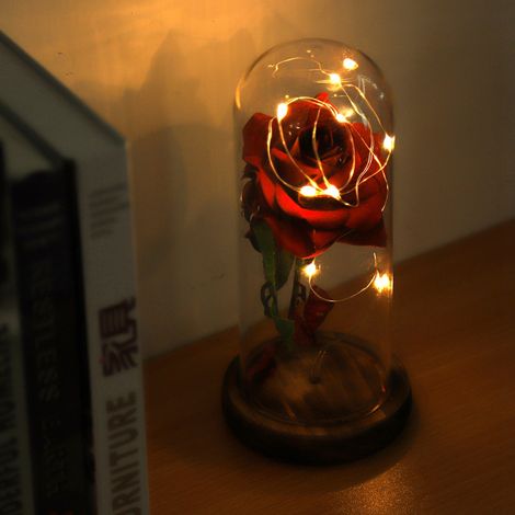 Rose éternelle rouge sous cloche en verre avec socle en bois, lumière LED, cadeau Saint-Valentin mariage (1/5)