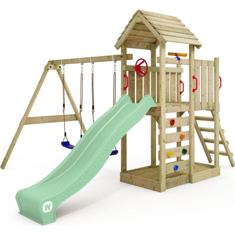 Parque infantil de madera Wickey MultiFlyer con techo de madera y Columpio en verde claro