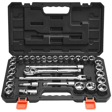 Juego de Vasos y Trinquete 12,7 mm, SAE y Métrico, Juego de Herramientas con Llave de Trinquete, Barra de Extensión, Estuche de Transporte, Acero de Aleación CR-V, 430 x 245 x 64 mm, 33 uds (1/5)