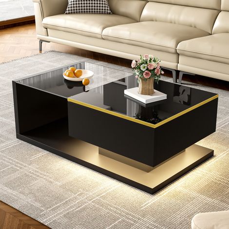 Table basse lumineuse 90 cm, verre trempé noir brillant, guéridon design avec LED intégré, meuble d'appoint moderne pour salon (1/5)