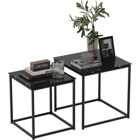 Ensemble de deux tables d’appoint empilables au design moderne. Table en verre finition noire, élégante et fonctionnelle pour votre intérieur (1/5)