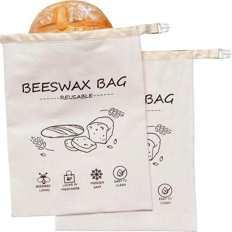 Sacs à pain à la cire d'abeille - 43 x 33 cm - Beige - Sacs à pain réutilisables en coton ciré - Sacs à pain au levain - Grand format, portables - Lot de 2 (1/5)