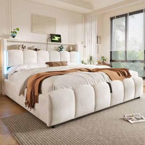 Cama matrimonio con almacenaje LED 180x200 beige OKMYHOME