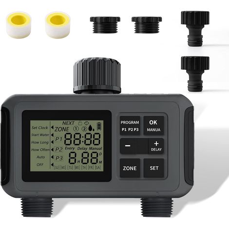 Bewässerungscomputer 2 Ausgänge, Smarte Bewässerungsautomat 3/4 Zoll Anschluss, Bis zu 6 Bewässerungsprogramme pro Tag, Programmierbar Wasser Zeitschaltuhr für Garten, Gewächshaus, Rasen (1/5)