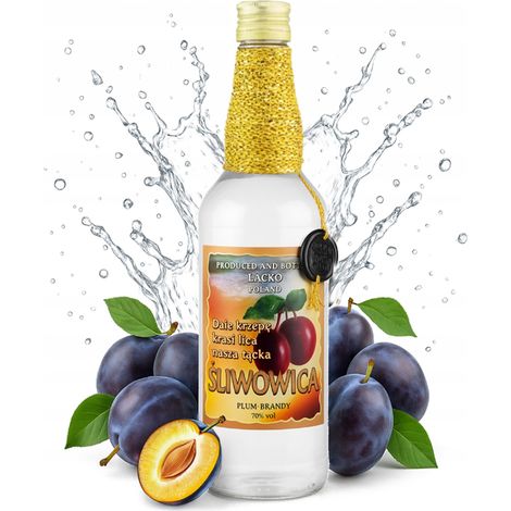 Bouteille en verre de Łącko Slivovitz doré, 0,5 L, décorée. (1/5)