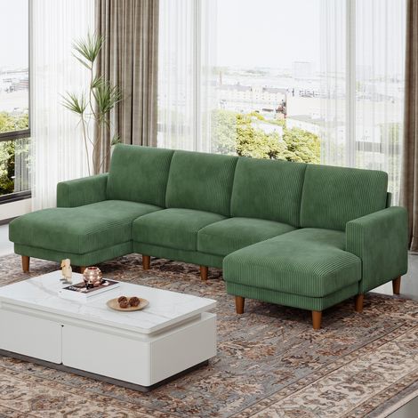 Großes 4-Sitzer-Sofa in U-Form, atmungsaktiver Cordstoff mit Armlehne, grünes, bequemes Sofa für das Wohnzimmer, 269 x 140 x 86 cm