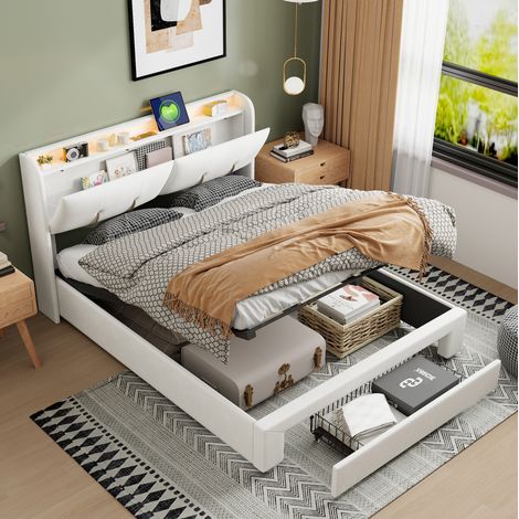 Lit double 140/200 cm beige et blanc avec coffre de rangement et éclairage d'ambiance (1/5)