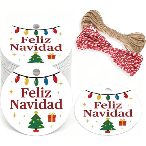 100PCS Étiquette Joyeux Noël en Espagnol: Étiquettes Cadeaux de Noël 5,5 cm pour Emballage Cadeau, Arbre de Noël, DIY et Décoration Hivernale (1/5)