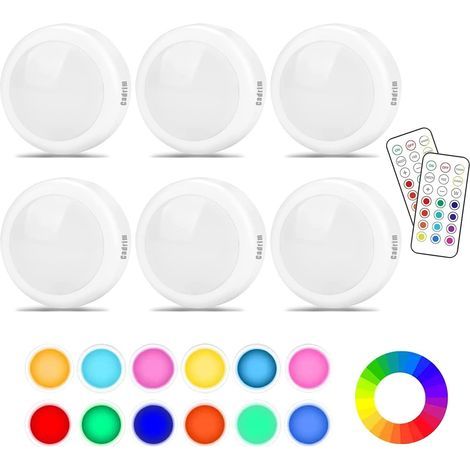 Cadrim 6 Stück 1W Schrankleuchten, RGB-LED-Nachtlichter mit 13 Farben, einstellbarer Helligkeit, kabellose Wandleuchten für Küche, Schlafzimmer, Schminktisch, batteriebetrieben (Batterien nicht im Lie (1/5)