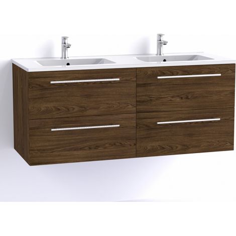 Sanitaire – Meuble de salle de bain suspendu 120 cm – Double vasque en céramique – 4 tiroirs avec ralentisseurs – Héritage Chêne (1/5)