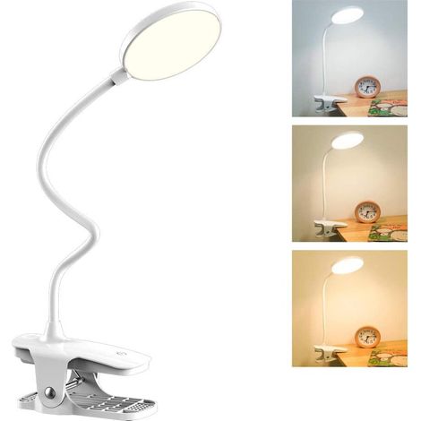 Lampe de Bureau LED sans Fil Rechargeable, 3 Couleur et 3 Intensité Réglables, Lampe de Chevet USB Tactile avec Pince pour Enfants , 360°Portable Lampe de Lecture Clipsable [Classe énergétique A+++] (1/5)