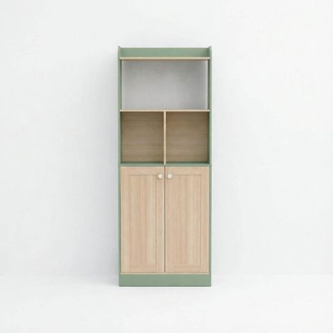 Bibliothèque haute de rangement avec étagères et compartiment fermé, meuble étroit vert et bois clair pour salon, entrée ou bureau, sécurité renforcée - CHICFURN (1/5)