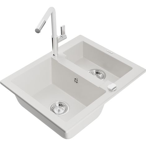 Mexen Carlos lavello in granito a 1,5 vasca con miscelatore da cucina Flora, bianco - 6518-20-670401-02 (1/5)