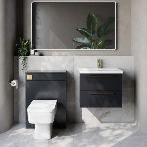 Napoli 390 Cento Gloss Grey 1200mm Wall Mounted 2 Drawer Vanity Unit and Toilet Suite with Glide Basin - 1200mm - Brushed Brass 320mm HandleWith Kingston Toilet Pan and Seat