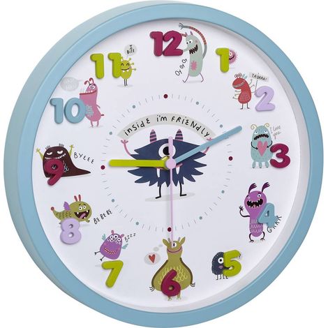 TFA Dostmann Orologio da parete per bambini LITTLE MONSTERS con motivi di monstri, orologio silenzioso, 60.3051.20, ideale per la camera dei bambini, in plastica, turchese (1/5)