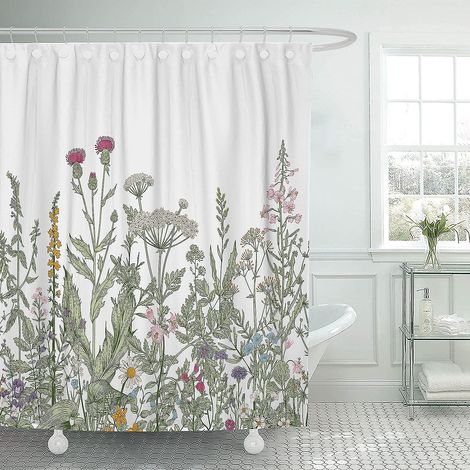 Rideau de douche vintage à bordure florale, motif herbes et fleurs sauvages, style gravure botanique, végétation champêtre colorée, imperméable (1/5)