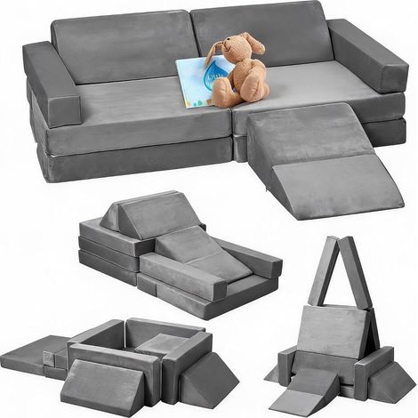 Canapé de jeu modulable enfant 12 pièces mousse gris convertible, blocs cabane tunnel toboggan housses velours lavables canapé sol (1/5)