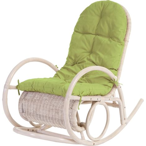 [NON UTILIZZATO] Sedia a dondolo elegante classica Esmeraldas legno rattan 115x58x101cm cuscino verde