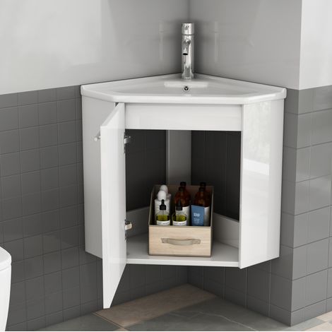 Mueble de lavabo esquinero 39,8x24,8x40 cm de MDF blanco con almacenaje (1/5)