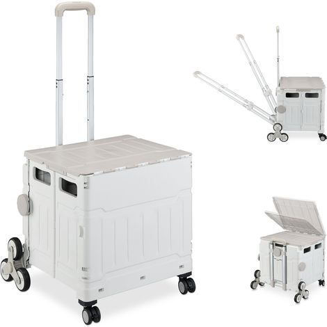 Relaxdays Einkaufstrolley Treppensteiger, klappbar, Einkaufskorb mit Rollen, Deckel, neigbarer Teleskopgriff, grau/weiß