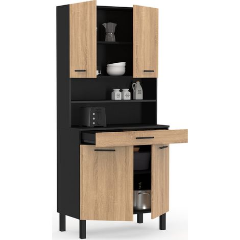 Idmarket – Buffet de cuisine 80 cm – 4 portes et tiroir noir – Finition hêtre – Dimensions 80x40x177 cm – Panneaux mélaminés 15 mm