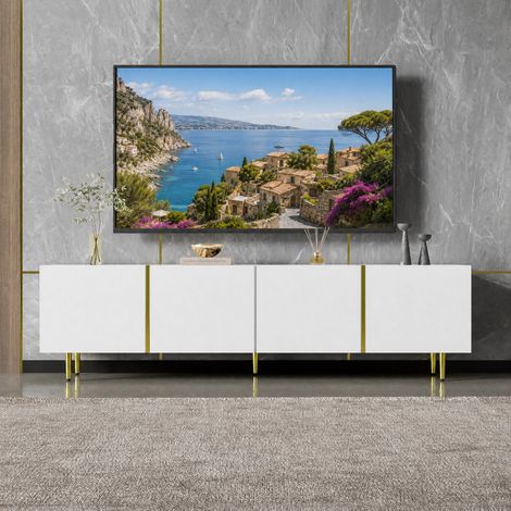 JOOKGBD-Meuble TV Moderne 170×35×46cm, Blanc Brillant avec Finitions Dorées, 4 Portes à Fermeture Douce, Structure MDF, Grand Rangement, Style Luxueux pour Salon (1/5)